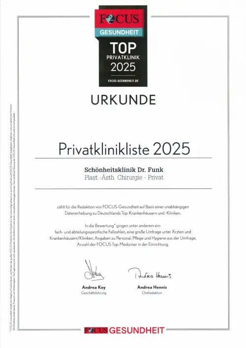 Urkunde - Herausgeber ist FOCUS Gesundheit - mit Siegel 'Top Privatklinik' 2025